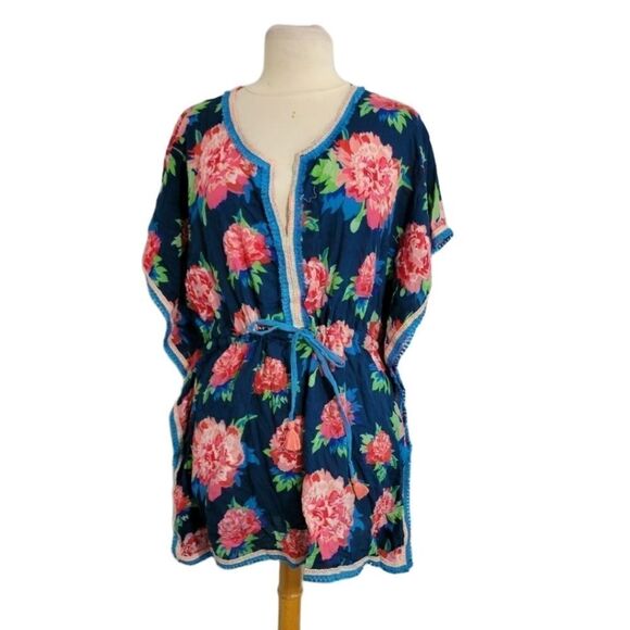 Matilda Jane Tunic Top Medium Swim Cover Up Boho Floral Fringe pink blue - Picture 6 of 6